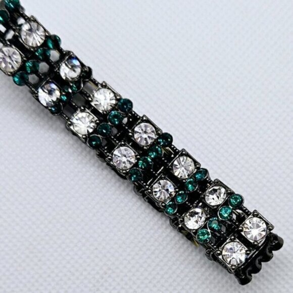 Double Row Open-Back Emerald Rhinestone Stretch Bracelet - Picture 2 of 4